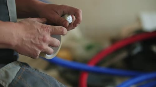 Man Securing Pipe with Tape Close Up