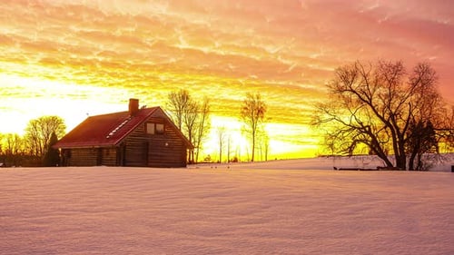 Winter Cabin at Sunrise in Snowy Field