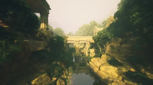 Un ancien pont, un aqueduc délabré récupéré, enjambe une vallée verdoyante