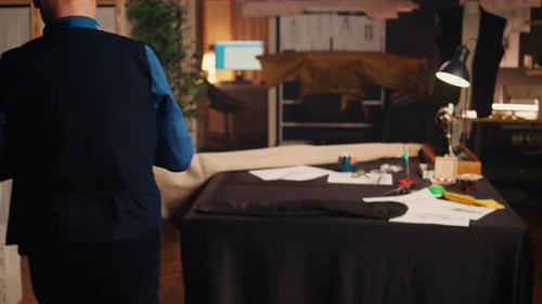 Tailleur masculin utilisant du tissu pour la couture