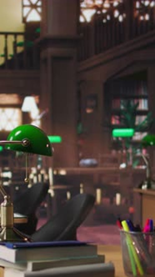 Vertical Video Peaceful Empty Library Featuring Wooden Shelves and Vintage Green Lamps