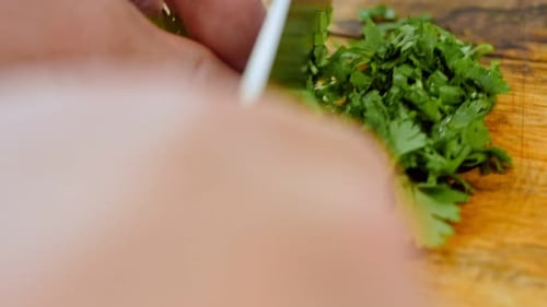 a Woman's Hand Cuts Green Onions with a Knife on a Wooden Chopping Board