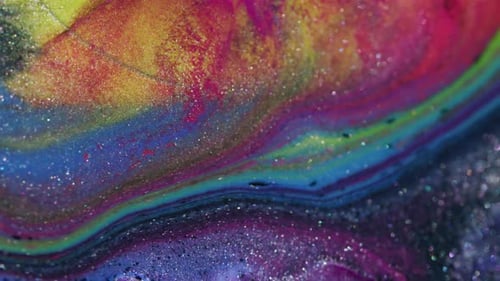 Colorful Liquid Art with Glittering Particles and Oil Slick