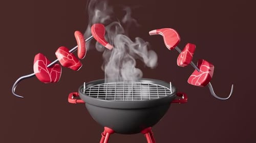 Cartoon-Fleisch und Wurst werden über einem Feuer gegrillt, Cartoon-Barbecue, 3D-Rendering.