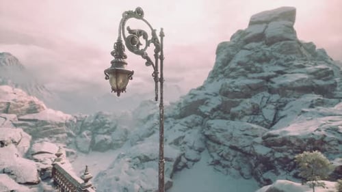 Snowy Mountain Landscape with Ornate Street Lamp Amidst Frozen Terrain