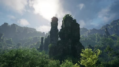 A Dense Forest with Towering Rocks and Majestic Trees