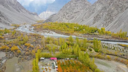 Aerial view of Skardu valley and trees, Pakistan.