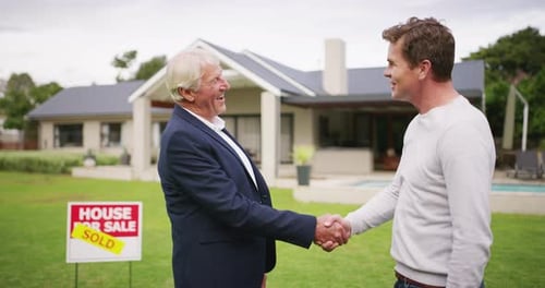 Handshake, outdoor and man buying home with realtor, happy and agreement for mortgage