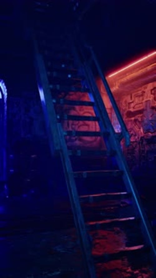 NeonLit Staircase in Urban Alley at Night