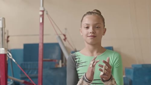 Portrait d'une petite gymnaste aux poignées à boucle