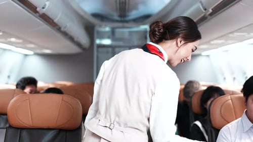 Flight Attendant Serving Passengers Inside Airplane Cabin