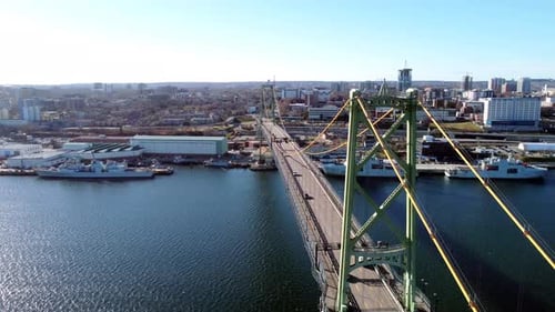 Flying over bridge on a beautiful sunny day