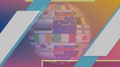 Animation of sphere made of multiple flags and yellow squares on multi-colored background