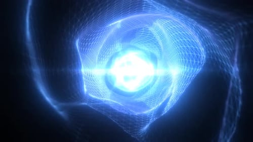 Blue glowing tunnel with dynamic grid mesh forming a twisting light vortex