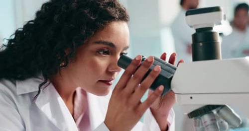 Scientist Looks Through Microscope in Bright Laboratory