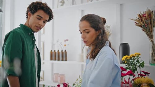 Calm Bouquet Seller Talk Client in Shop Dreamy Man Buy Flowers Composition Gift