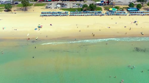 Sunny day phuket island beach aerial panorama 4k thailand. Aerial view of Kata beach. Aandaman sea m