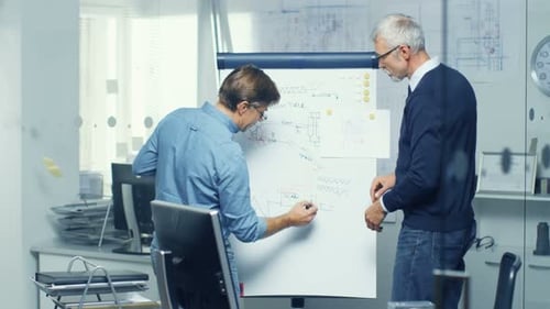 In Architectural Engineering Office Two Senior Engineers Working with Drafts on a Whiteboard. Their
