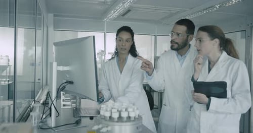 Scientists Collaborate Analyzing Data in a Modern Laboratory