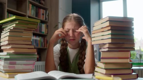 Suffering Teenager Upset Caucasian Little Girl Shocked Kid Child Looking at Two Large Piles Books