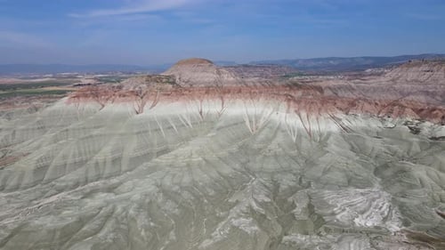 Aerial View of Gray Striped Mountains and Arid Landscape