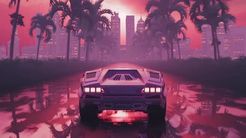 Loop Car Driving on Wet Asphalt in Retro Style at Sunset