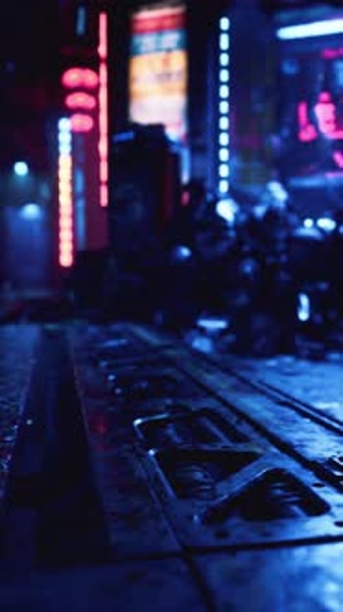 Dark City Street at Night With Neon Signs