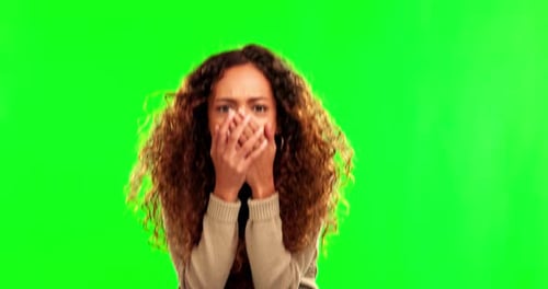 Green screen, wow and hands on face of happy woman in studio with good news, deal or promotion