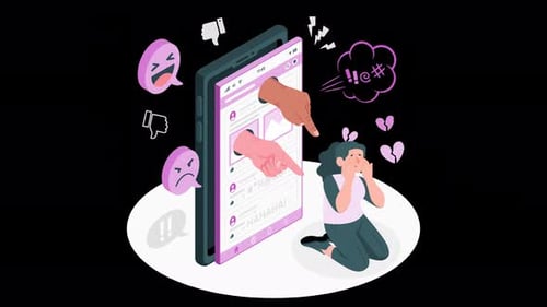 A distressed girl is the victim of cyberbullying and online hate animation 4k on alpha channel