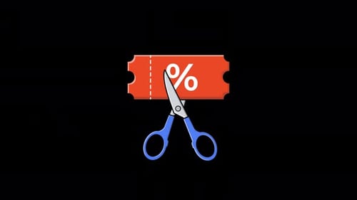 Etiqueta de venda animada com tesoura. Vídeo conceitual de desconto e venda - transparente