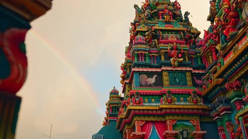 Static close up shot of colorful decorated Kaylasson Hindu temple, Port Louis, Mauritius. Spiritual