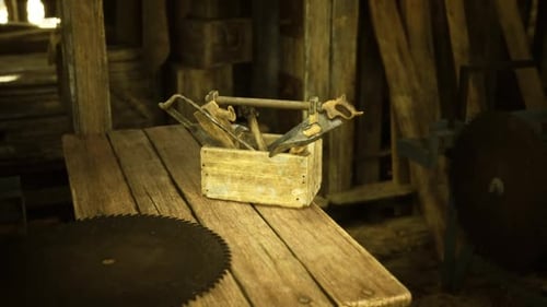 Heritage Crafting Tools Resting on Worn Bench Amid Desert Ghost Town Ambiance