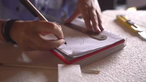 Architect Student Draws Lines On Plan With Ruler. Sketching female Engineer works with drawings in a
