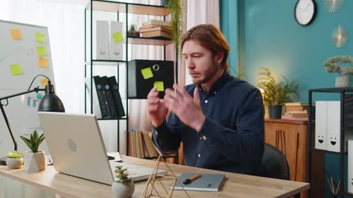 Displeased Sad Businessman Using Laptop Loss Game Fail Computer Virus Error Bad News at Home Office