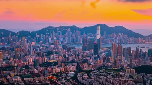 Cinematic View Of Hong Kong Cityscape And High Rise Buildings