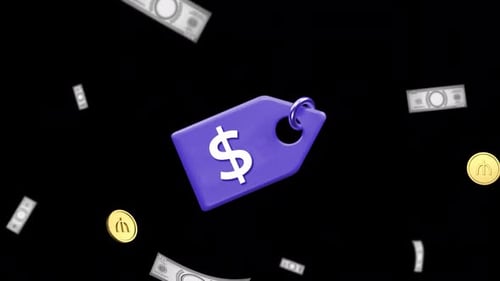 Animated 3D Price Tag with Dollar Sign and Floating Money