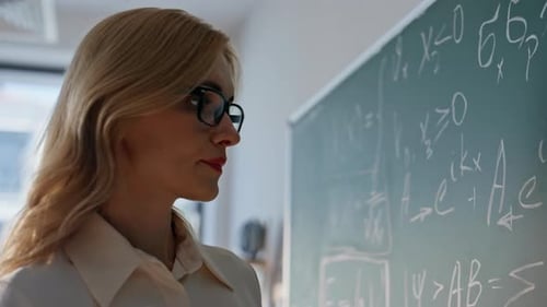 Focused Woman Teaching Equations on Blackboard in Physics School Class Closeup
