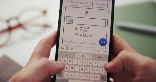 Hands, phone screen and booking flight for travel with information, location