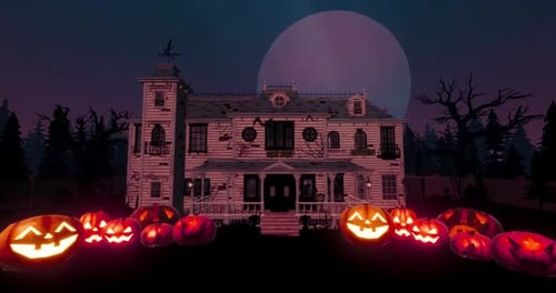 Halloween Night Haunted House and Jack-o'-Lanterns Animation