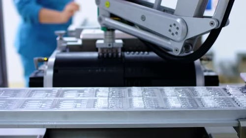 Pharmaceutical Production Line. Robotic Arm at Medical Manufacturing Line. Pharmaceutical Factory. M