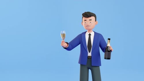 Happy businessman with champagne bottle and glass of sparkling wine, raising a toast. 3d render