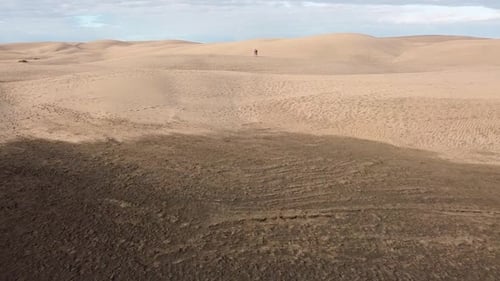Sand dunes desert against seascape in Maspalomas Gran Canaria deserts near seashore. Aerial drone