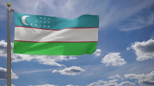 Uzbekistan Flag Waving in Realistic Blue Sky with Clouds