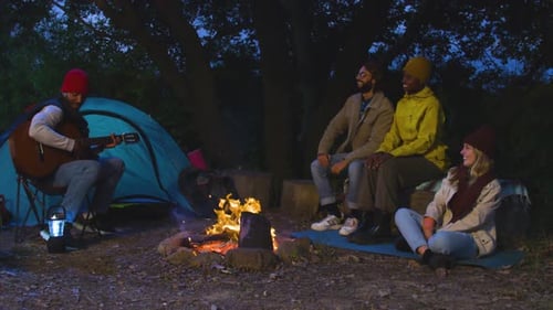 Friends Gather Around Campfire at Night with Guitar