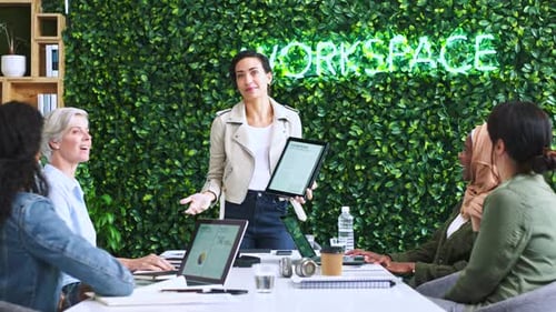 Presentation, tablet and business woman talking about team data and digital strategy