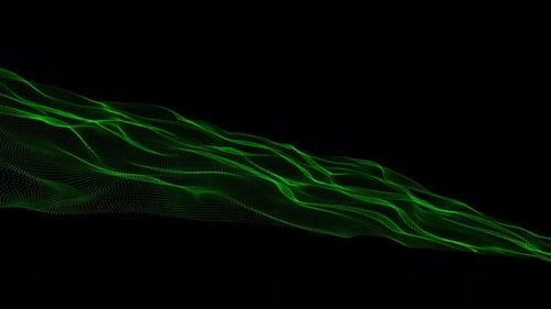 color verde abstracto, líneas de onda, partículas, textura, fondo. Tecnología, patrón continuo, dinámico
