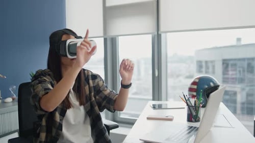 Headset Woman Examining Vr Technologies At City View Flat. Creative Game Designer Working Augment...
