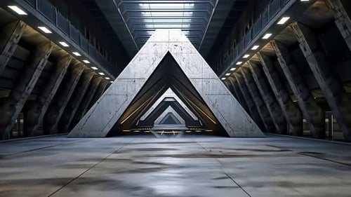 Futuristic interior, spacious corridor with triangular architectural elements