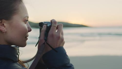 View, woman and photographer with camera, beach or enjoy vacation outdoor