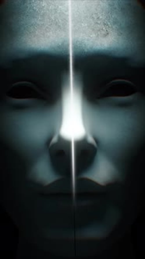 Surreal Face Reveal with Vertical Light Beam and Grainy Texture